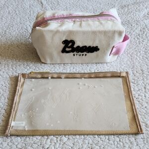 BENEFIT White and Pink Brow Stuff Pouch + Bronze Clear Bag - 2 Piece Set BUNDLE